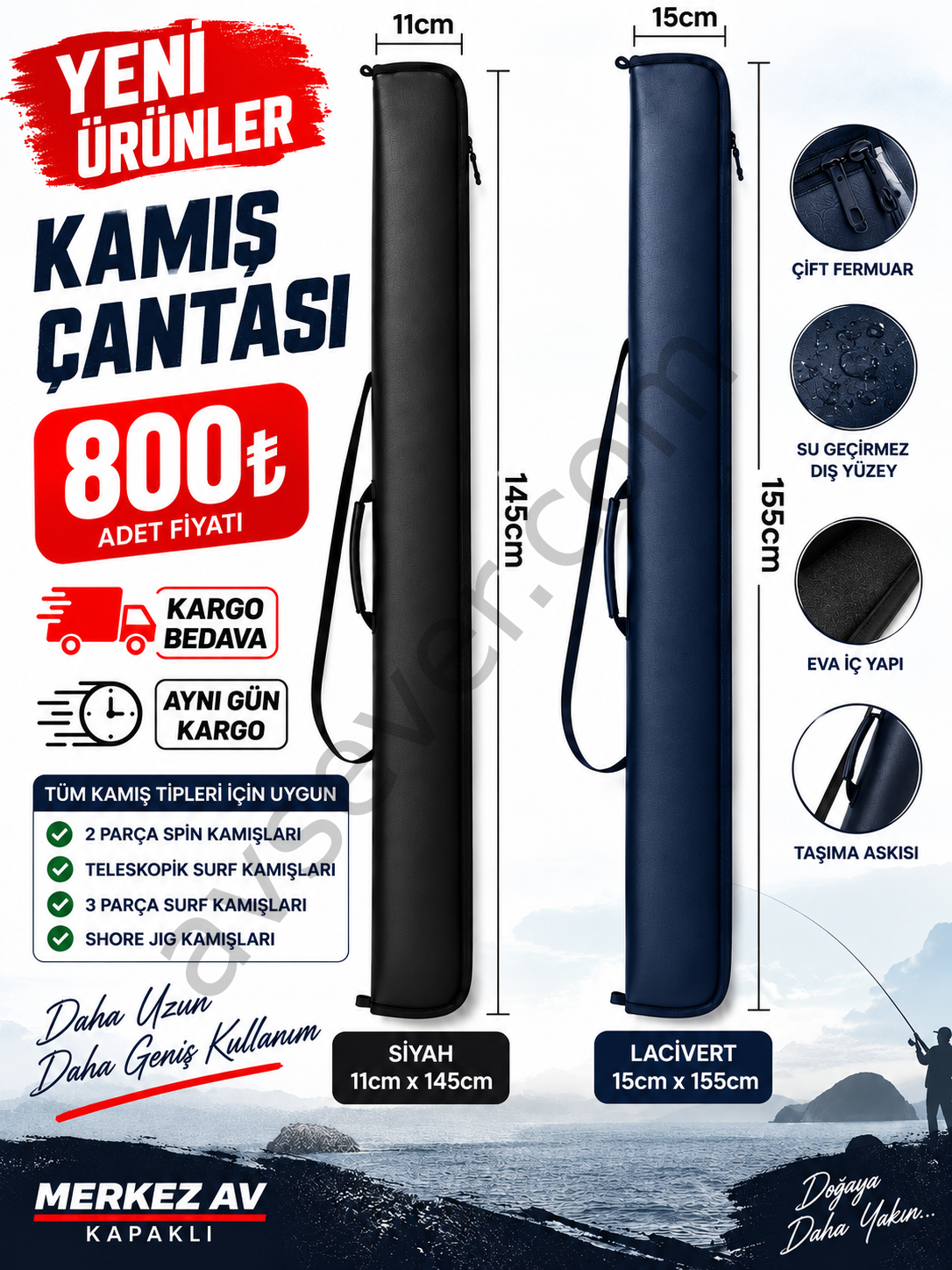 145 CM & 155 CM Olta Kamışı Taşıma Çantası – Spin, Teleskopik Surf, 3 Parça Surf & Shore Jig Uyumlu